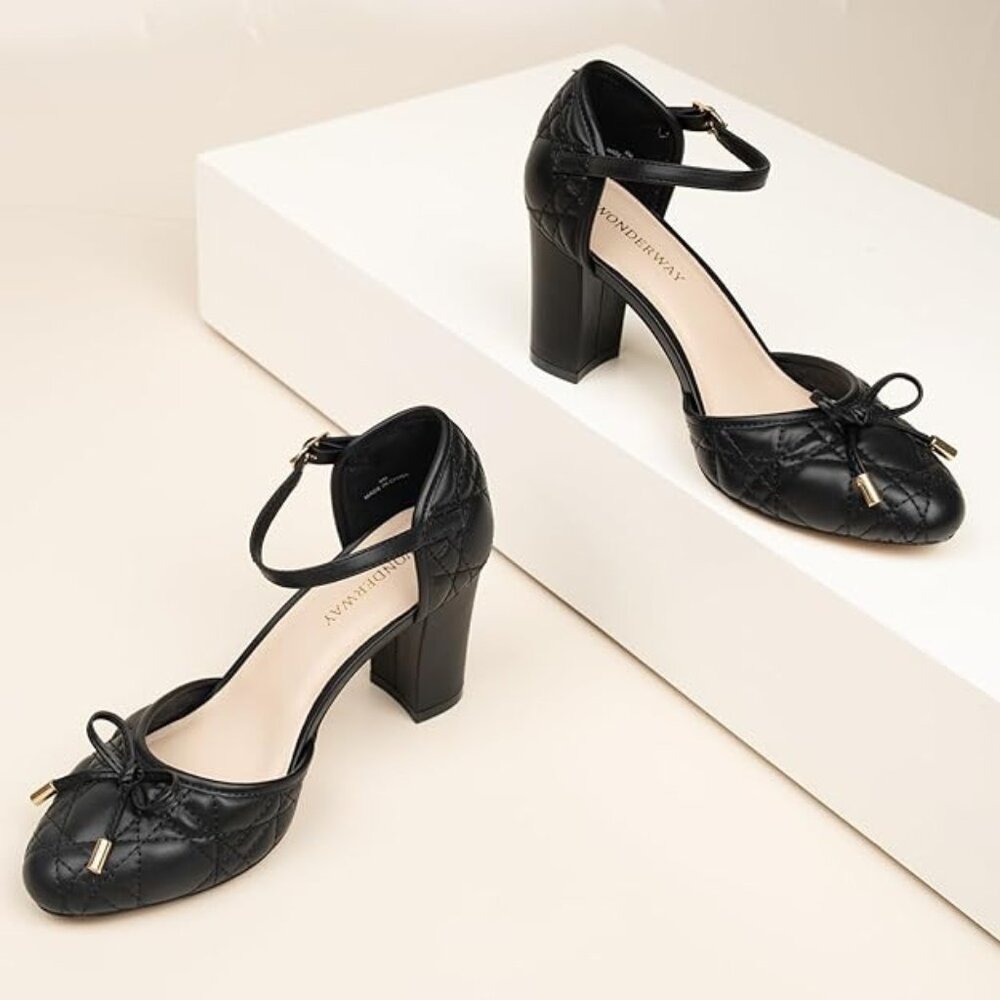 Women's Chunky Block Heel Pumps, Bow Ankle Strap Closed Toe High Heels-Black